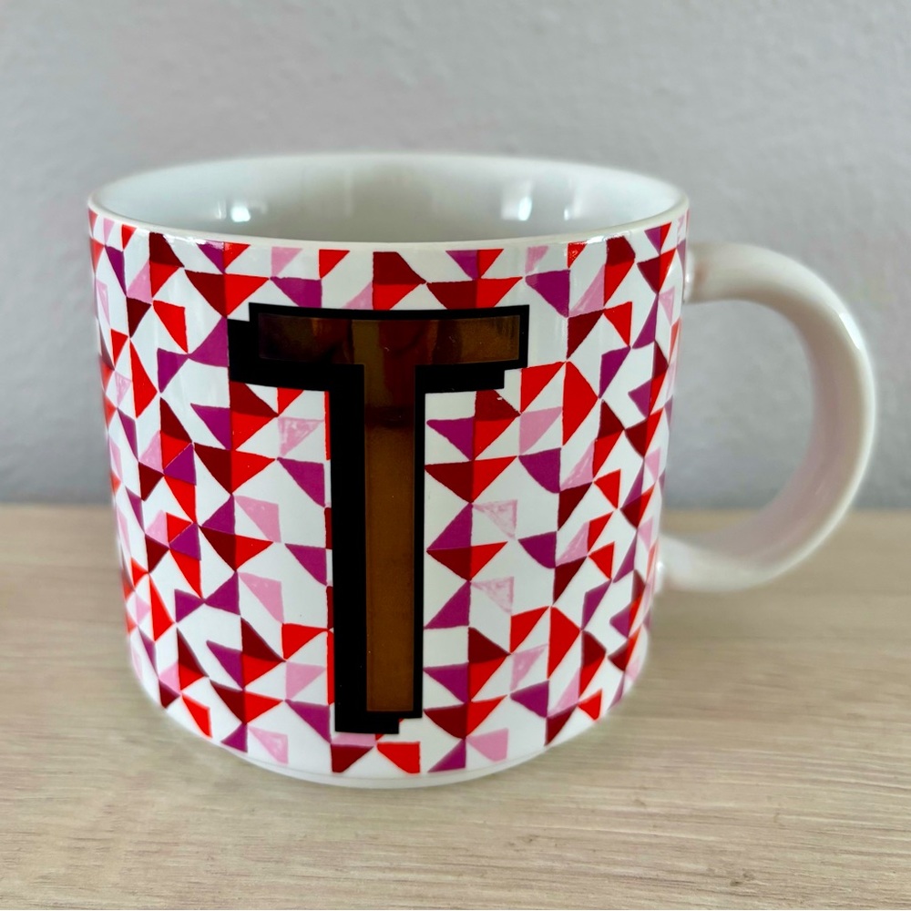 West Elm Initial T  Coffee Mug Monogram Tile Metallic Accent Cup Gold